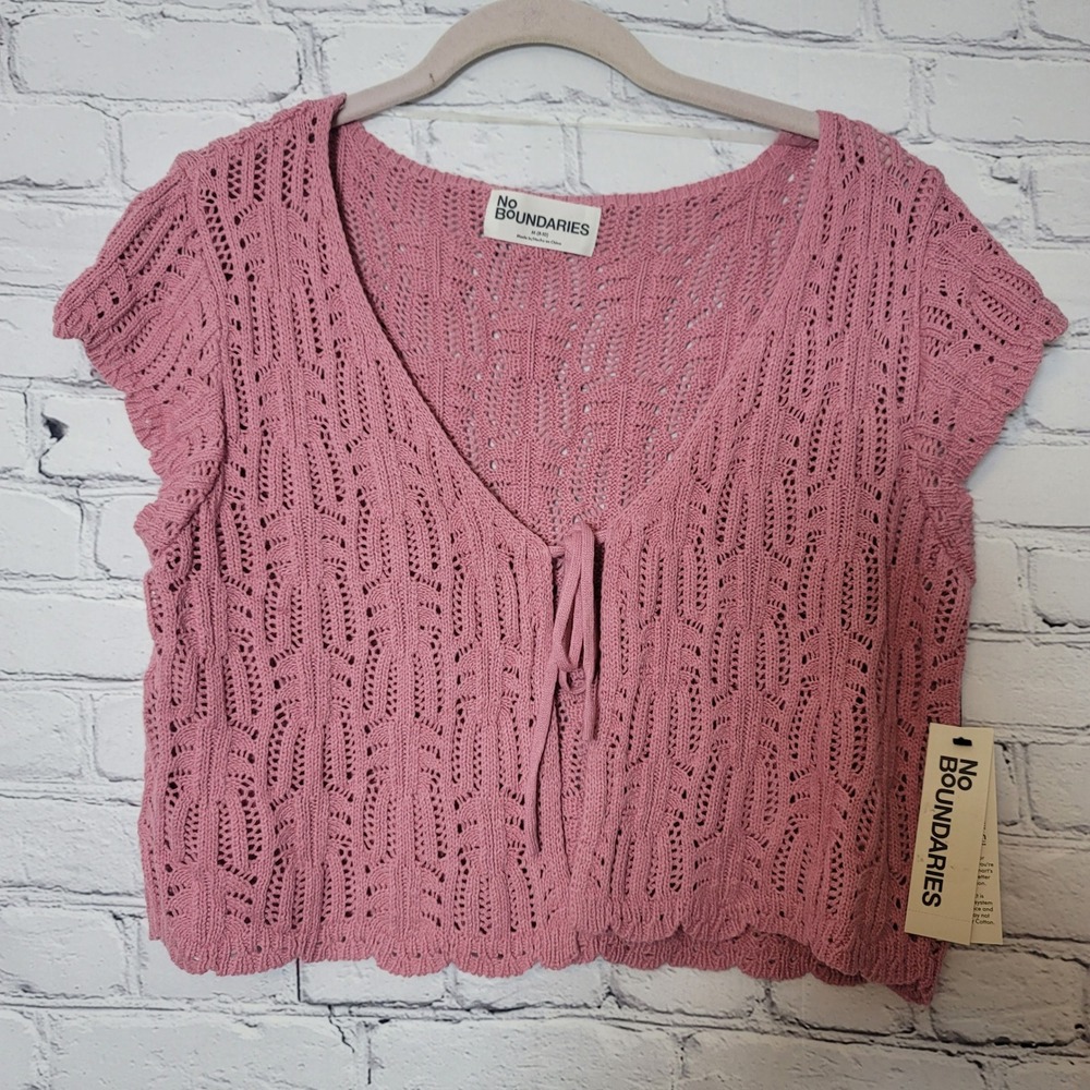 No Boundaries Womens Pink Pointelle Knit Tie Front Cropped Top M 8-10 NWT Boho